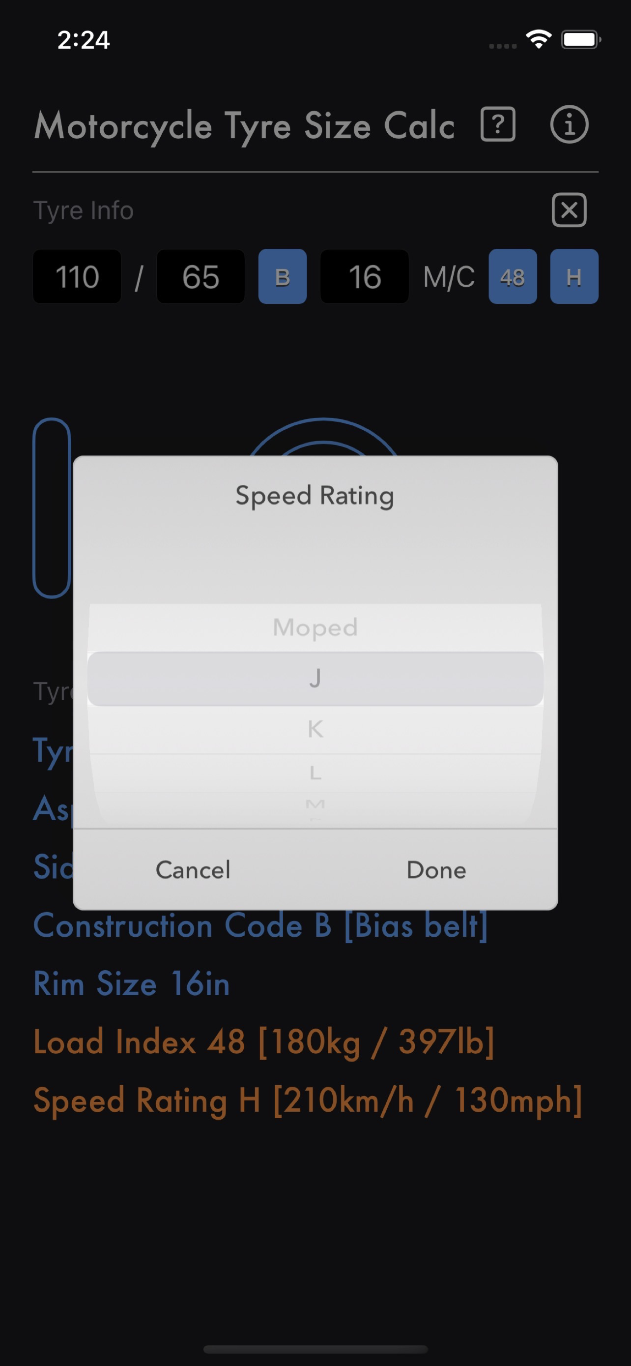Motorcycle Tyre Size Calc