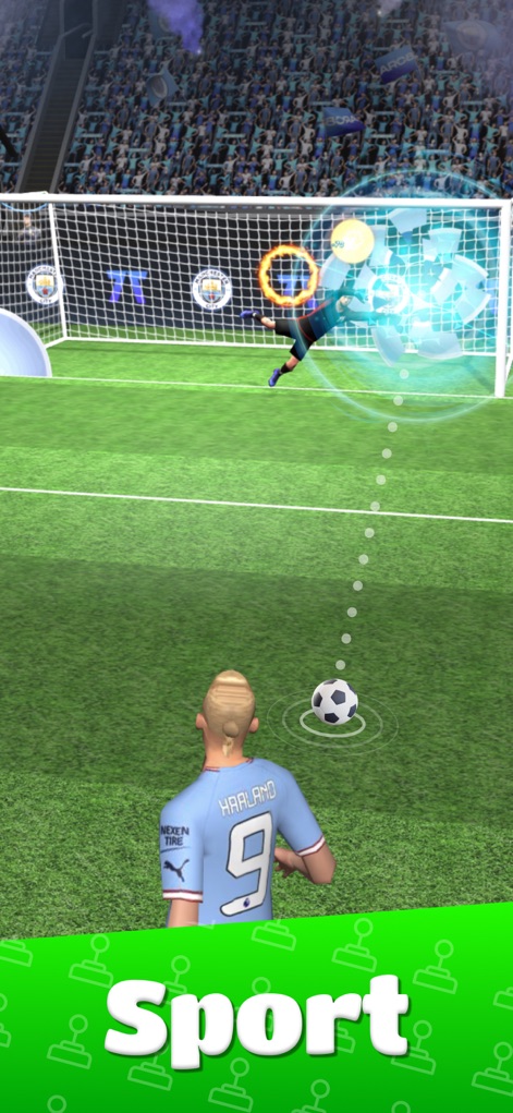 Prizes by GAMEE: Earn Rewards - Delve into an exciting soccer game with a player taking a shot at the goal and a detailed stadium background, simulating realistic sports play.