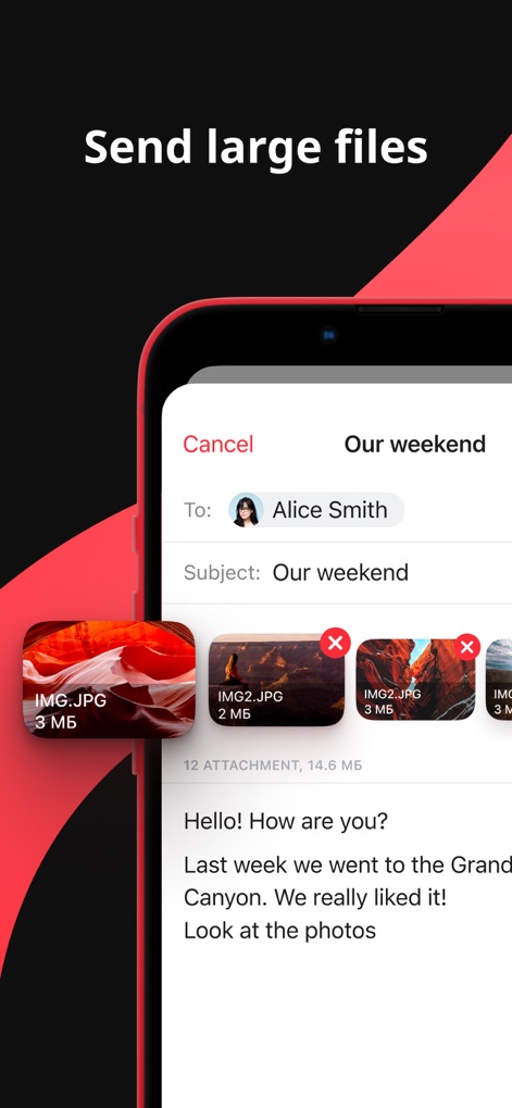 myMail box: email client app - Nutzer können problemlos große Dateien versenden, wobei mehrere Bildanhänge wie „IMG.JPG“ und „IMG2.JPG“ im Entwurfsfenster angezeigt werden, was die effiziente Übertragung großer Datenmengen demonstriert.