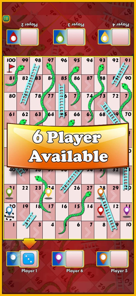 Snakes and Ladders: Snake Game - The app's flexibility is shown through the "6 Player Available" display and the user interface accommodating six distinct player controls for comprehensive group play.