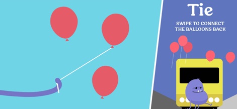 Dumb Ways to Die - The app challenges players with interactive mini-games, like 'Tie' where they must swipe to connect the balloons, featuring the app's signature quirky character designs.