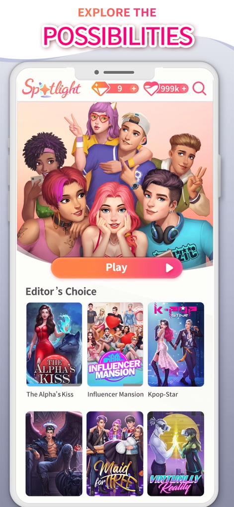 Spotlight: Choose Your Romance - Users can effortlessly navigate a vast library of interactive stories, with popular titles prominently displayed like 'The Alpha's Kiss' and 'Influencer Mansion', and an intuitive 'Play' button for quick access to new adventures.