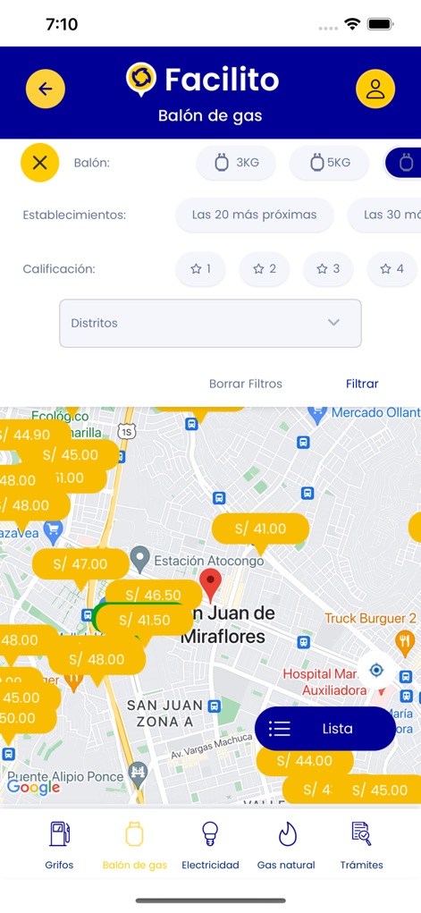 Facilito - The app presents a comprehensive map for 'Balón de gas' (gas cylinders), allowing users to refine searches using filters like 'Las 20 más próximas' (20 closest) and customer ratings.