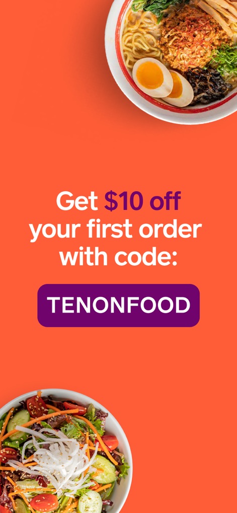 Caviar - Order Food Delivery - このスクリーンショットでは、鮮やかなオレンジ色の背景に食欲をそそるラーメンとサラダが配置され、初回注文で10ドル割引になるプロモーションコード「TENONFOOD」が明確に提示されています。