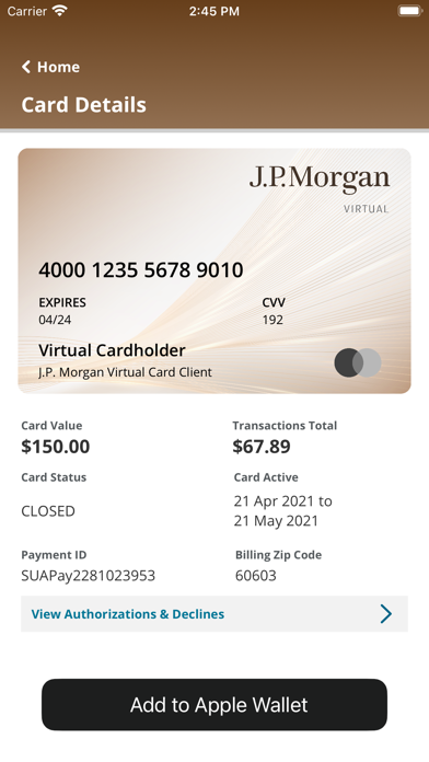 J.P. Morgan Virtual Card Screenshot