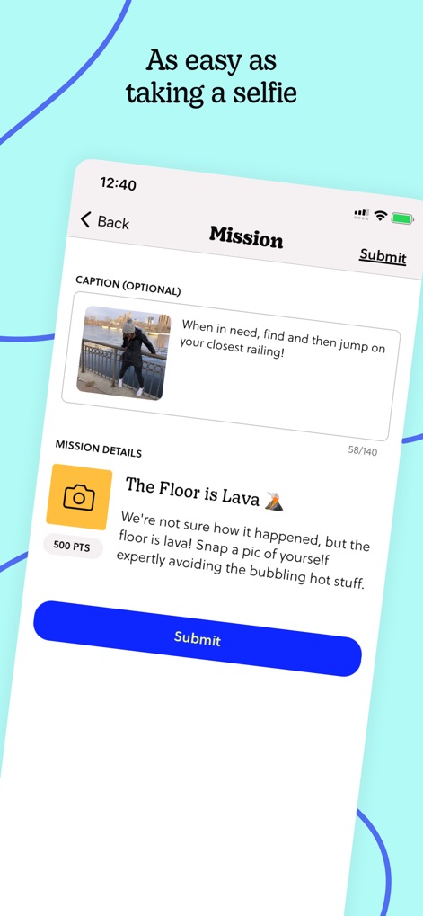 Goosechase - Users can easily submit their mission completions, visually represented by a photo thumbnail and accompanying caption, finalizing their entry with the prominent 'Submit' button.