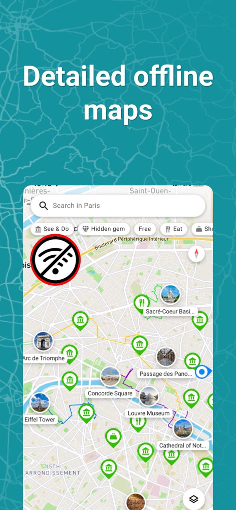 SmartGuide travel guide & map - Los usuarios acceden a mapas detallados de París incluso sin conexión a internet, lo que se indica claramente con el icono de "no wifi" superpuesto.