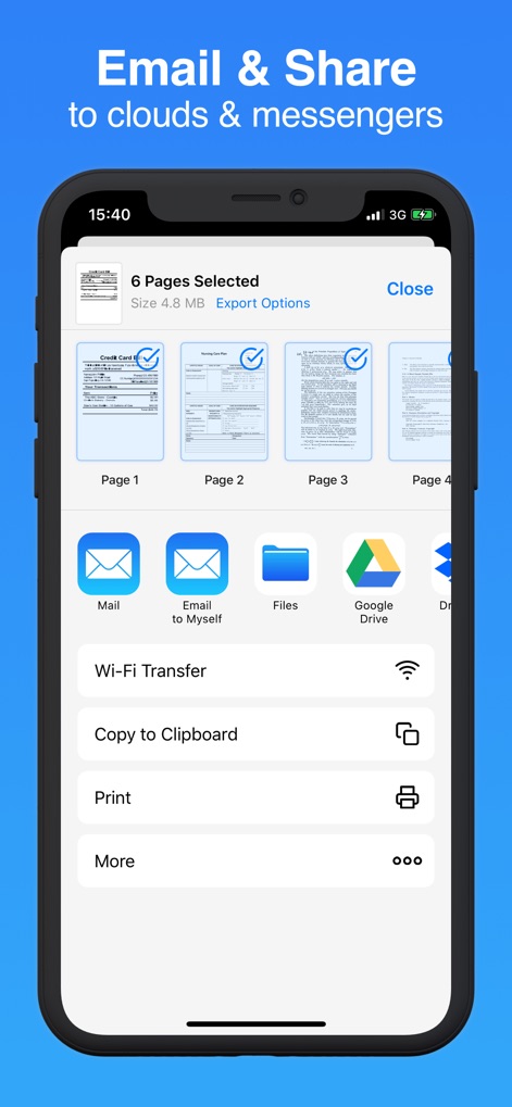 Document Scanner · Scan to PDF - Users can easily share multiple selected pages via "Mail" or integrate with "Google Drive" for cloud storage.
