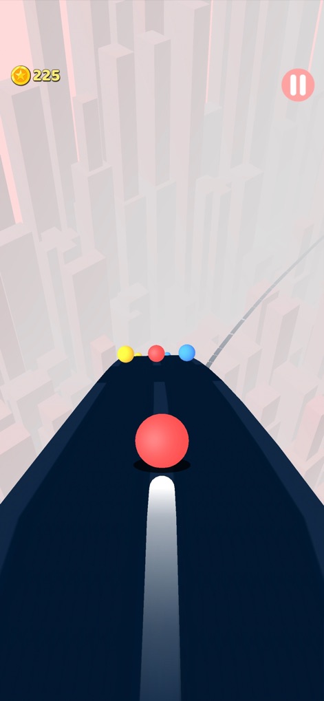 Color Road! - Users can observe the player's red ball navigating the dynamic road and the sequence of multi-colored balls that require careful matching.
