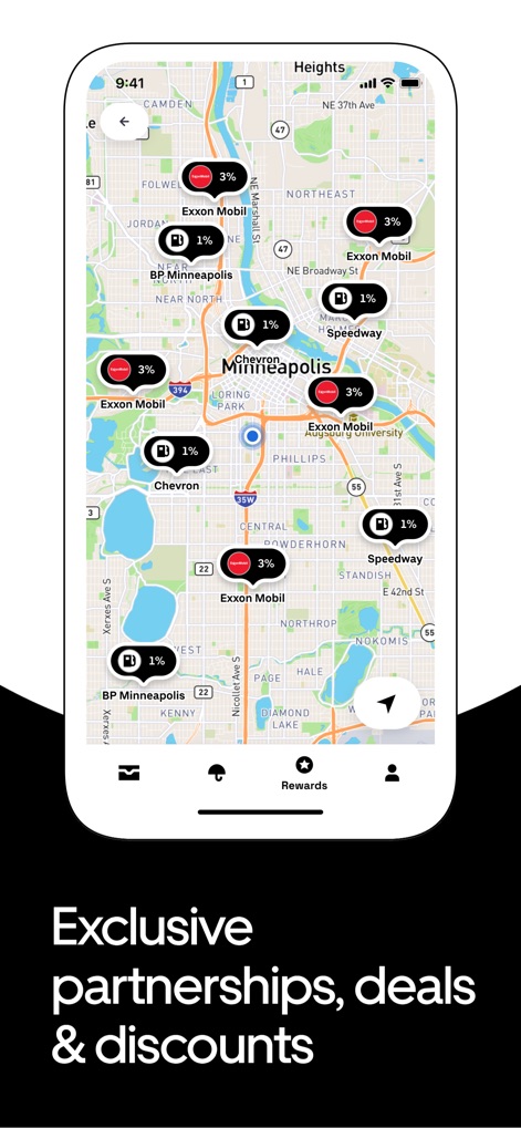Uber Pro Card - The interactive map displays nearby gas stations with varying cash back percentages, such as 3% at Exxon Mobil, guiding users to optimal savings.