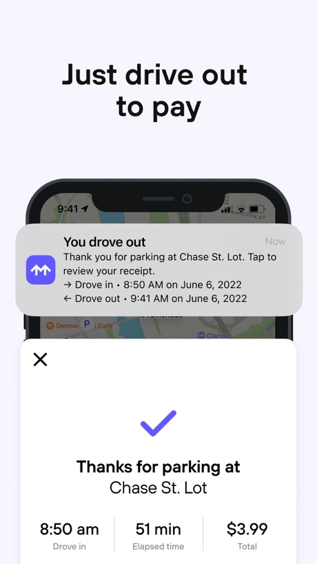 Metropolis: Remarkable Parking App Store screenshot 3, headline “Just drive out to pay”. Phone cut off at the head.