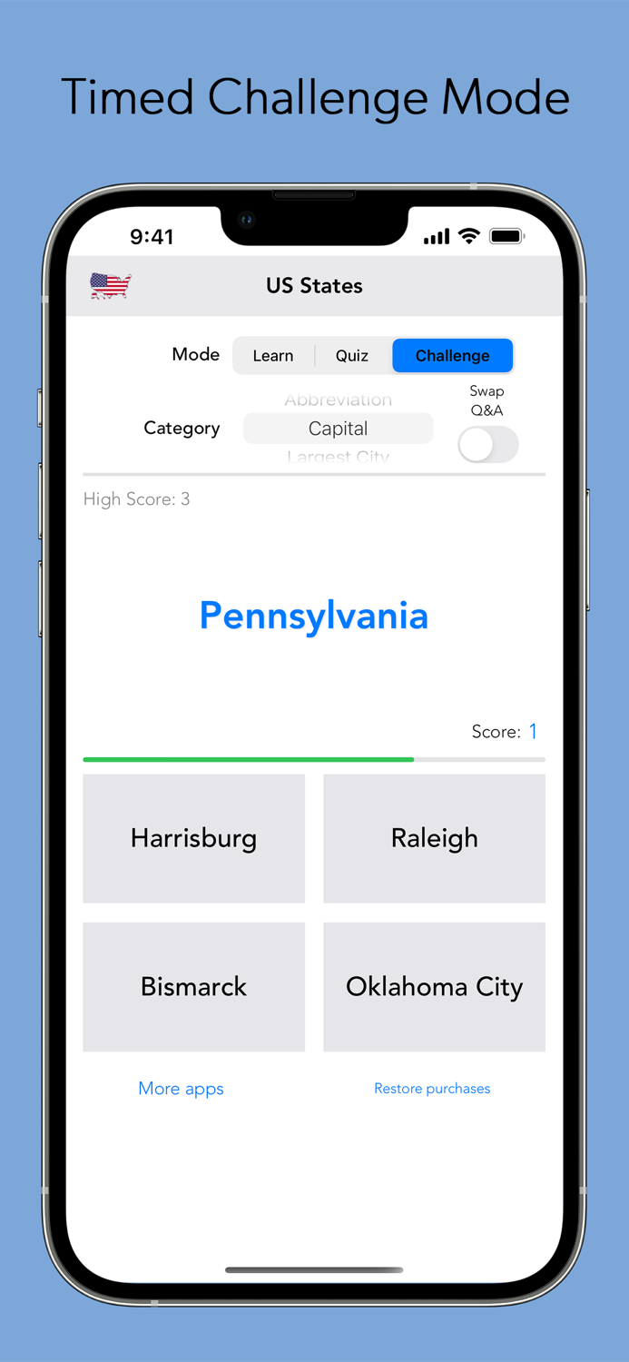 US States and Capitals Quiz Game