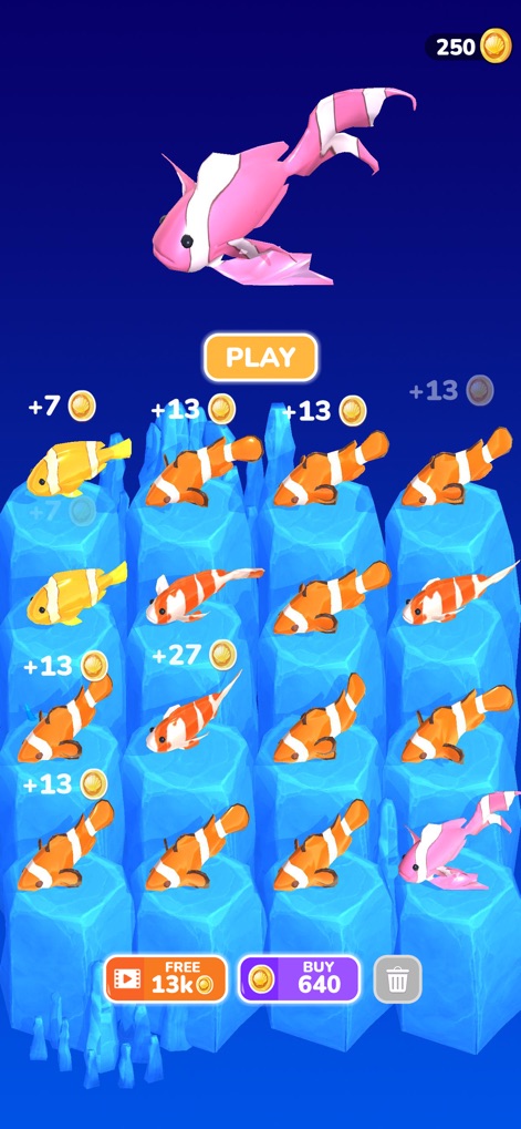 Evolution Merge - Eat and Grow - The app presents an aquatic merge screen featuring various fish species on rocky platforms for combination, alongside a visible coin currency display and options for earning or purchasing more creatures.