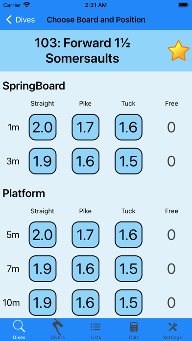 Dive List Screenshot