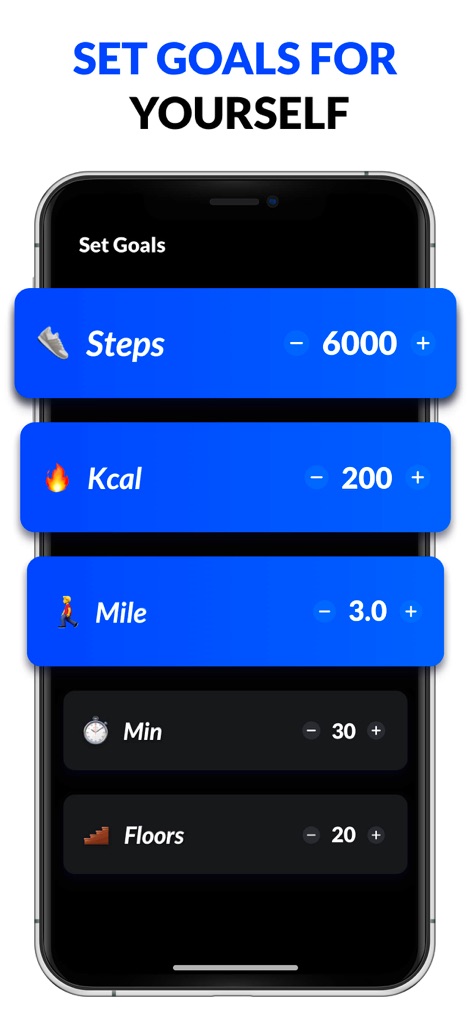 Pedometer & Step Counter - This interface allows users to easily customize personal fitness goals for metrics like daily steps and calories, utilizing intuitive adjustable value selectors.