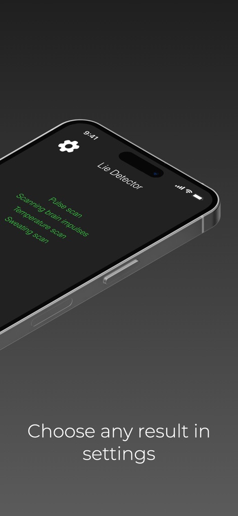 Lie Detector Test - Polygraph - The app offers flexible prank customization through its settings menu, revealing options like 'Pulse scan' and allowing users to 'Choose any result'.