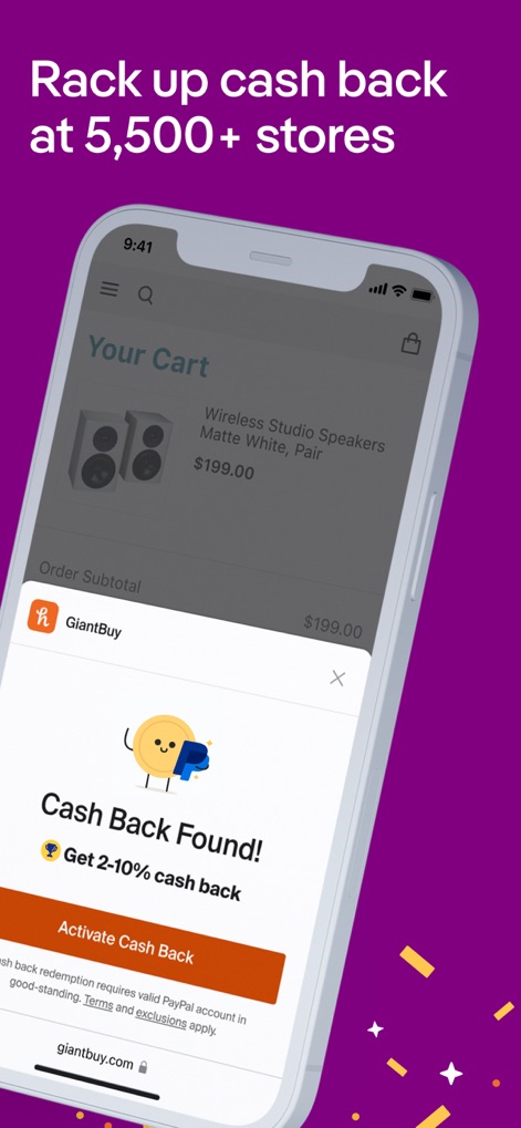 PayPal Honey: Coupons, Rewards - Observe how the 'Cash Back Found!' notification appears, prompting users to 'Activate Cash Back' with a clear PayPal coin icon.
