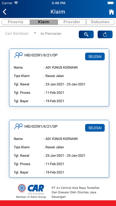 eBenefit CAR Life Insurance Screenshot