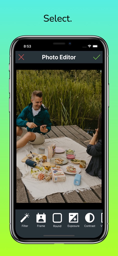 OVF Editor - Explore the Photo Editor interface, offering a diverse editing toolbar with options like "Filter" and "Frame" for quick enhancements.
