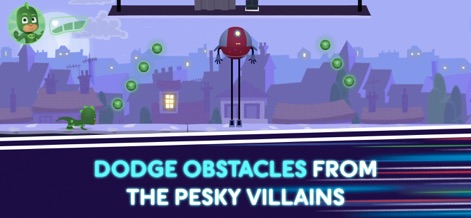 PJ Masks™: Moonlight Heroes - O aplicativo demonstra a interação com um vilão robótico e a necessidade de desviar dos orbes verdes arremessados pelos inimigos.