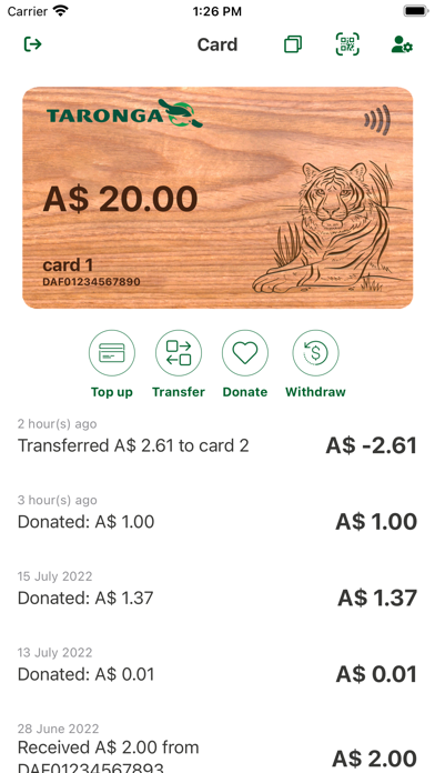 Taronga Cashless Card Screenshot