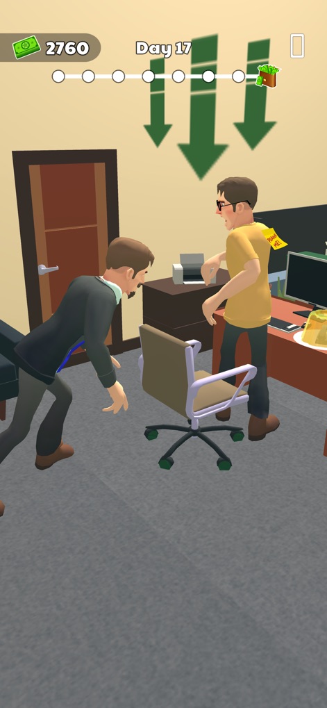 Boss Life 3D: Office Adventure - La aplicación permite a los usuarios tomar medidas extremas, como el jefe arrojando la silla de un empleado y las flechas descendentes que simbolizan una decisión de despido o una baja de rendimiento.