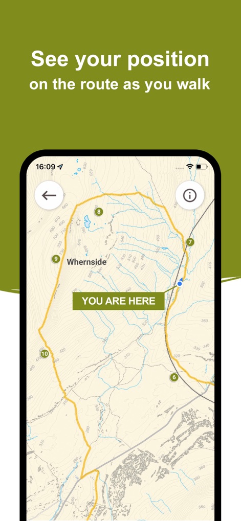 Yorkshire Three Peaks - Users can confidently navigate trails with real-time GPS tracking, seeing their current position marked 'YOU ARE HERE' and following the clearly outlined route on the map.