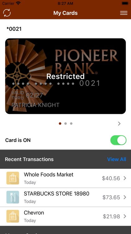 Pioneer Bank Card Control