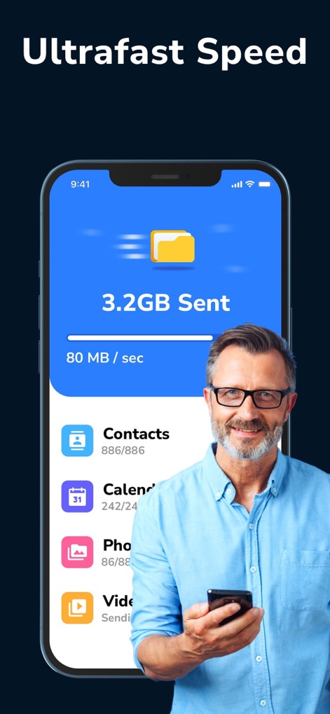 Data Transfer - Copy My Data - 사용자는 80 MB/sec에 달하는 실시간 전송 속도 표시를 통해 빠른 데이터 복사를 확인할 수 있으며, 전송된 데이터 양과 카테고리별 진행률을 한눈에 볼 수 있습니다.