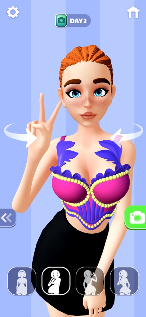 Bra Maker - Esta imagen exhibe un diseño de corsé ornamentado en tonos vibrantes de rosa y morado sobre una modelo, y las herramientas de rotación que permiten a los usuarios examinar sus creaciones desde todos los ángulos.