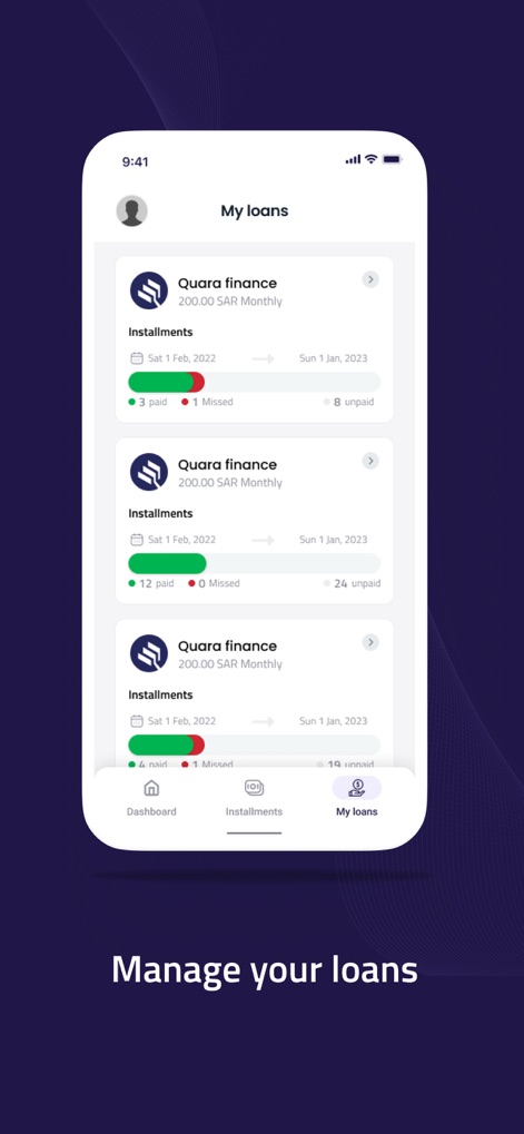 كوارا للتمويل - The app offers a comprehensive view of all active loans, detailing the number of paid and unpaid installments and illustrating progress with a visual status bar.