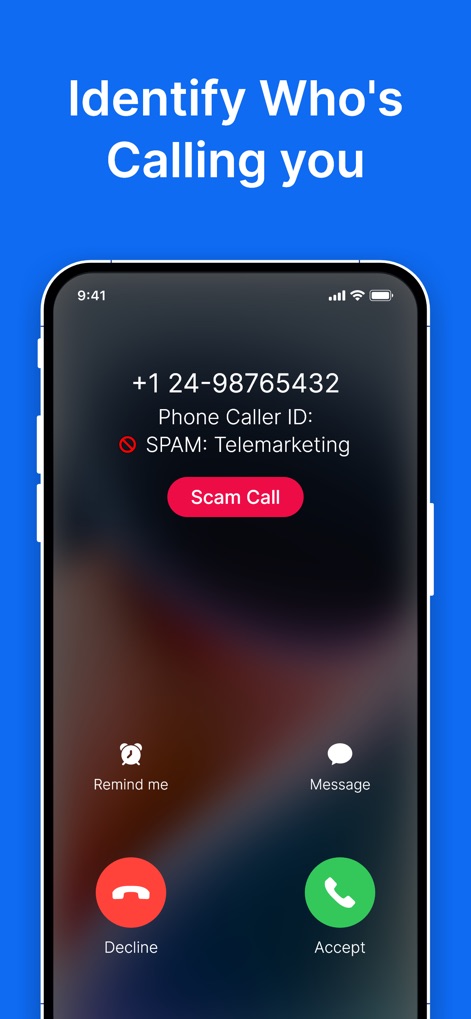 Show Caller Name & Block Spam - Questo strumento identifica chiaramente le chiamate in arrivo come "SPAM: Telemarketing", offrendo agli utenti la possibilità di agire immediatamente tramite il pulsante "Scam Call".