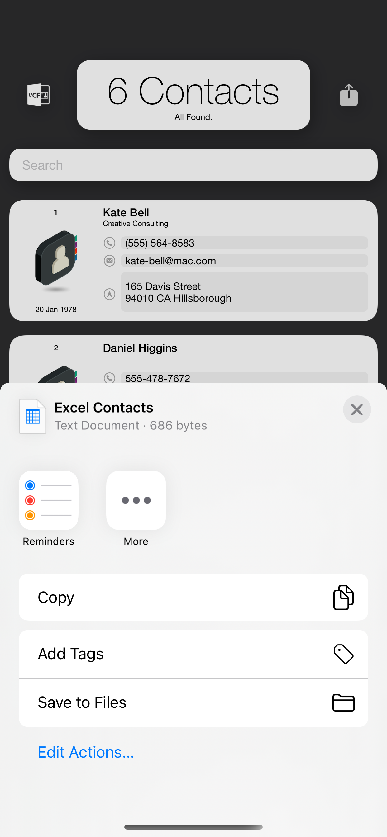 Excel Contacts