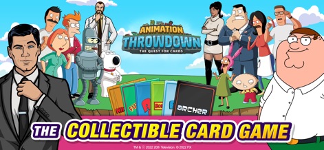 Animation Throwdown: CCG - Una vibrante imagen promocional presenta un "Elenco Estelar" con personajes emblemáticos como Archer y Peter Griffin, agrupados alrededor del logotipo distintivo de "Animation Throwdown: The Quest for Cards".