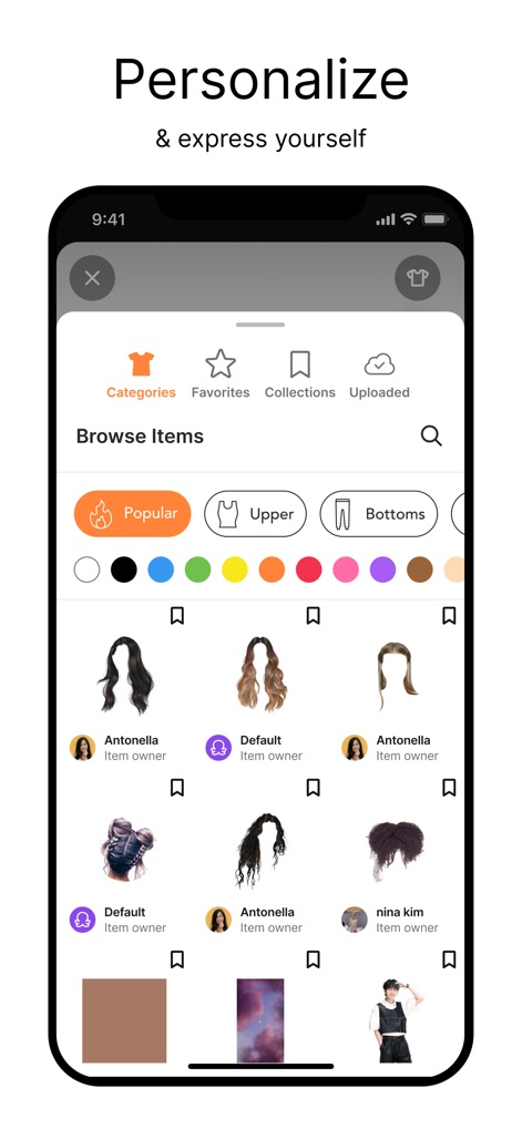 Combyne - your perfect Outfit - This app offers an extensive item library, categorized by 'Upper' and 'Bottoms', and enhanced by intuitive color filters for precise fashion item discovery.