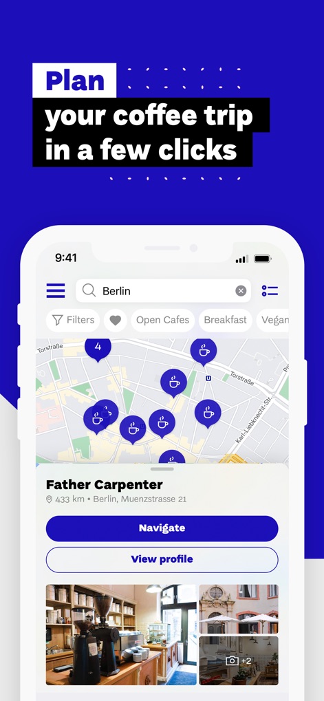 European Coffee Trip - This tool streamlines coffee exploration by providing an intuitive map view for locating cafes, alongside integrated 'Navigate' options and photo galleries within detailed cafe profiles for informed decisions.