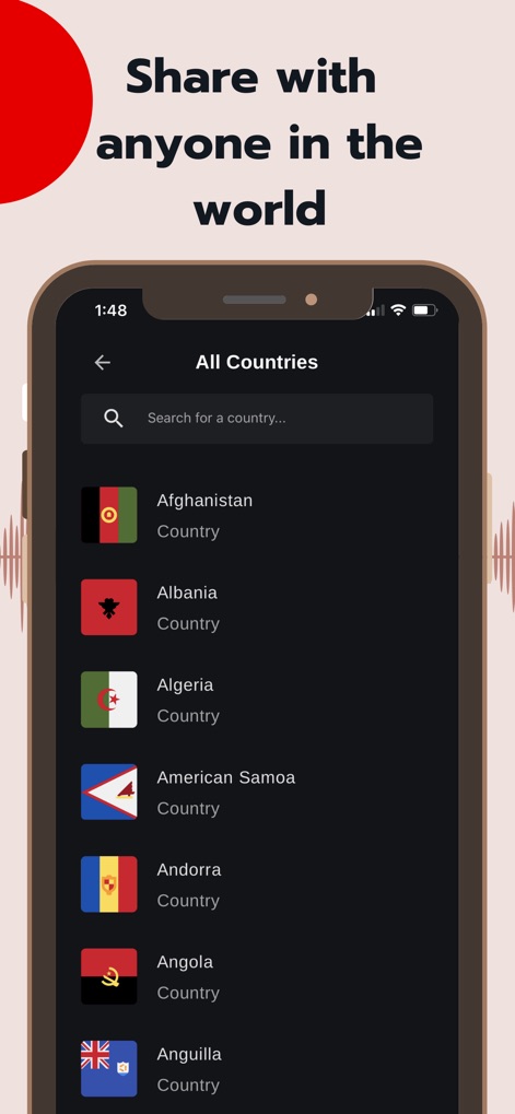 Bible - Audio & Video Bibles - Die App erleichtert das globale Teilen von Inhalten, dargestellt durch die "All Countries"-Liste mit den zugehörigen Länderflaggen, und verbindet Nutzer über Kulturen hinweg.