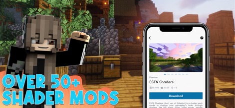 Shader Mods for Minecraft PE - L'app presenta una pagina di dettagli per ogni mod, mostrando anteprime come lo shader "ESTN Shaders" con i suoi cieli distintivi e elementi ambientali come l'architettura dettagliata del villaggio.