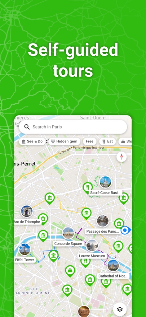 SmartGuide travel guide & map - Los usuarios pueden planificar sus propios itinerarios explorando el mapa interactivo de París, que muestra iconos de puntos de interés y opciones de búsqueda.