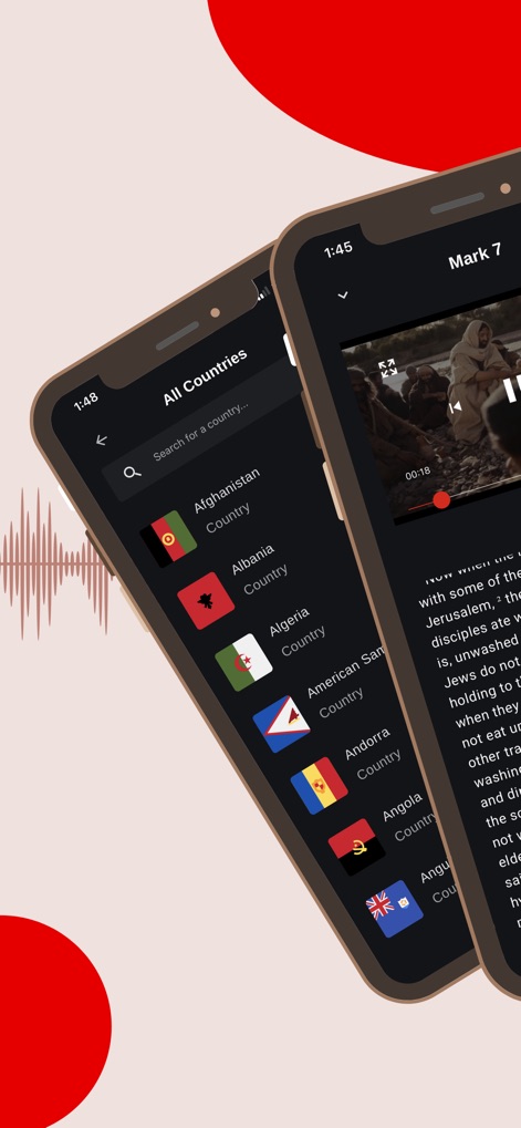 Bible - Audio & Video Bibles - Nutzer entdecken eine globale Auswahl an Inhalten, erkennbar an der "All Countries"-Liste mit verschiedenen Flaggen, und können gleichzeitig Video-Bibeln über den integrierten Player auf dem rechten Bildschirm ansehen.