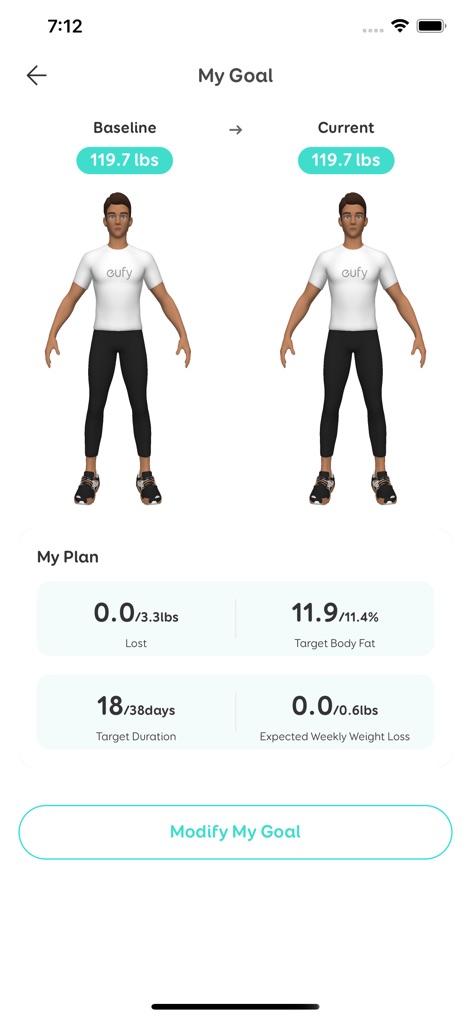 eufy Life - Monitor personal health objectives with a side-by-side comparison of baseline and current body representations, alongside detailed progress parameters for weight and body fat.