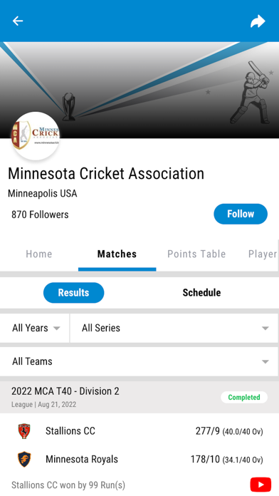 Minnesota Cricket Association Screenshot