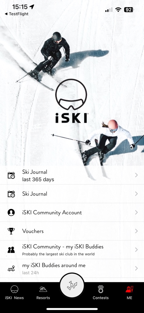 iSKI Japan -  Ski/Snow Guide - 이 화면은 사용자의 스키 활동 기록을 관리하는 스키 저널과 함께, iSKI 커뮤니티 계정 및 주변 친구 찾기 기능을 통해 다른 스키어들과의 교류를 지원합니다.