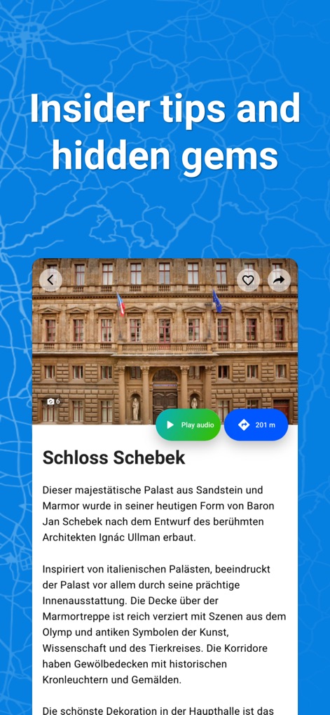 SmartGuide travel guide & map - Los viajeros pueden descubrir lugares como Schloss Schebek con la opción de reproducir audio sobre el sitio y ver la distancia hasta él.