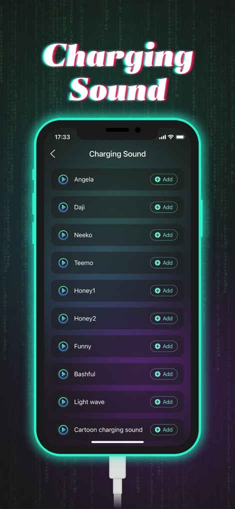 Charging Show - Cool Play ! - Esta herramienta amplía la personalización con una lista de nombres de sonido temáticos y diversos, ofreciendo opciones de reproducción y adición para enriquecer la experiencia auditiva durante la carga.