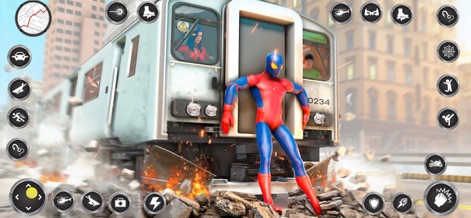 Spider Rope Hero Man Games - Esta herramienta presenta escenas de combate impactantes, con el héroe frente a un tren accidentado y escombros realistas en el suelo, que demuestran la intensidad de la acción.