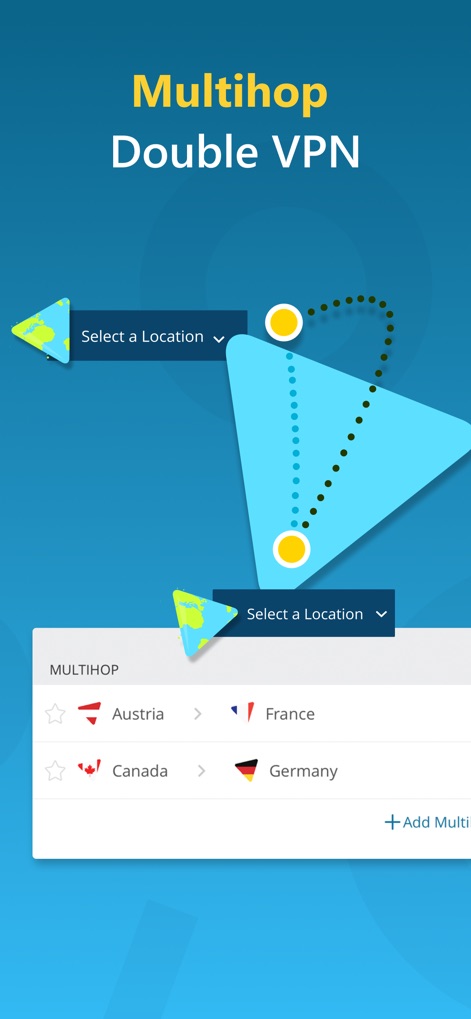 hide.me VPN - This robust security feature is demonstrated with a visual path showing connection hops between multiple selected locations, further detailed by the multi-hop configuration options like 'Austria -> France'.