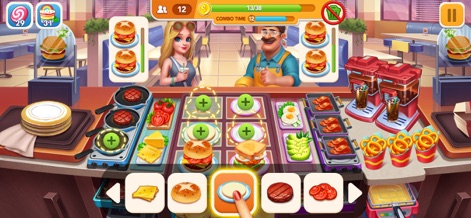 Cooking Frenzy® Crazy Chef - The app features a precise ingredient selection system, indicated by the hand icon, and diverse cooking zones for preparing complex dishes such as stacked burgers and crispy fries.