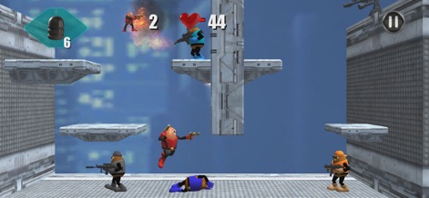 Killer Bean Unleashed - Ascend through complex, multi-tiered platforms in a futuristic cityscape, demonstrating Killer Bean's agile combat against strategically positioned enemies.