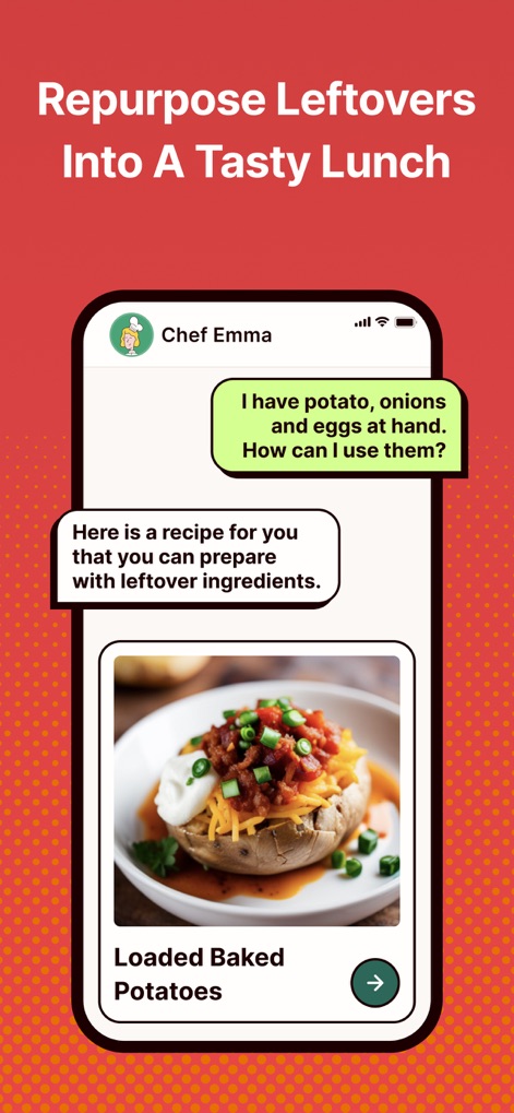 Magic Chef AI Recipe Generator - Nutzer können mühelos vorhandene Zutaten wie Kartoffeln, Zwiebeln und Eier in die App eingeben und erhalten maßgeschneiderte Rezeptideen, wie zum Beispiel die "Loaded Baked Potatoes", um Lebensmittelverschwendung zu minimieren.